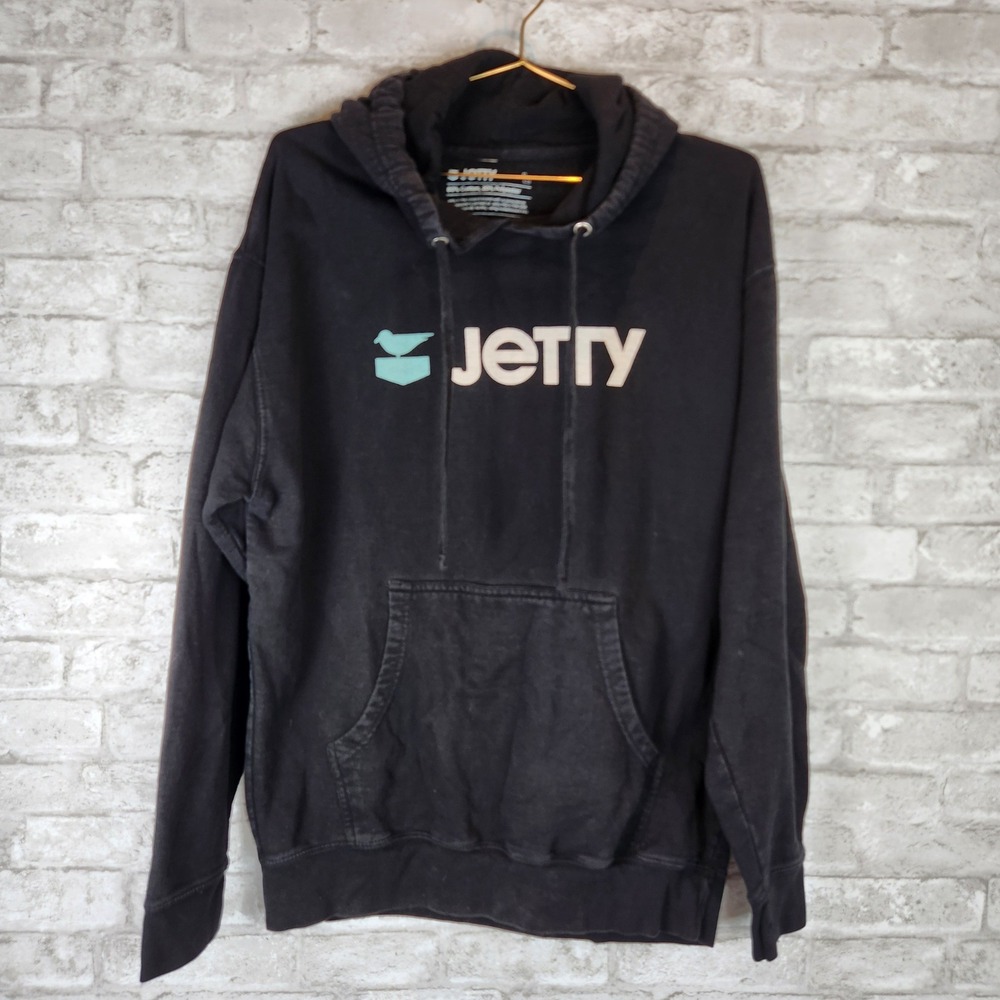 Jetty Hoodie Black Logo Graphic Pullover Coastal Surf Size L